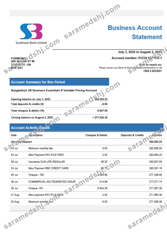 SB Bank business account statement Word and PDF template